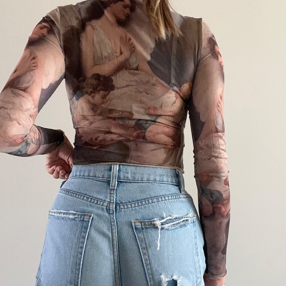 Angels Art Printed Mesh Stretch Crop Top Mock Neck Turtleneck Wearable Art - Picture 3 of 3